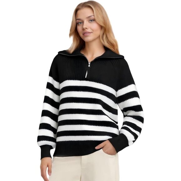 Women's Stripe Sweater Half Turtleneck Zipper Long Sleeve Knit Striped Black - Picture 1 of 7